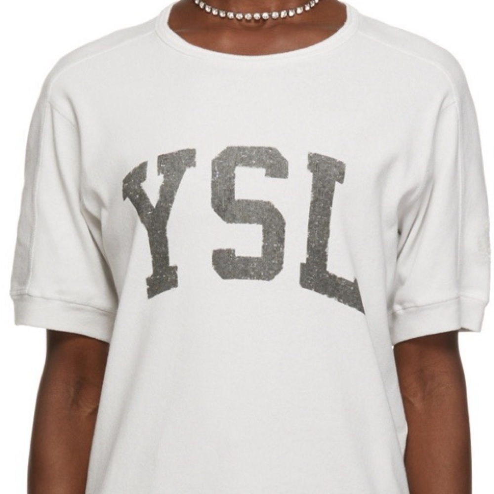 Yves Saint Laurent White Tee with Distressed Gray YSL Logo